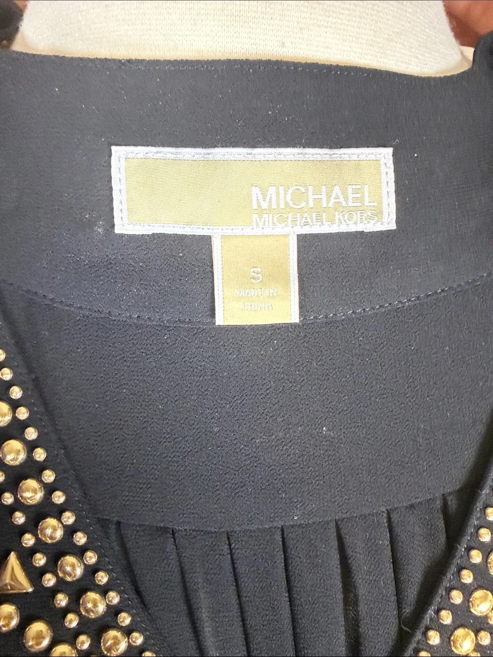Michael Kors Beaded V-Neck Chiffon Tunic Top Black Gold Studded Sheer Blouse S
